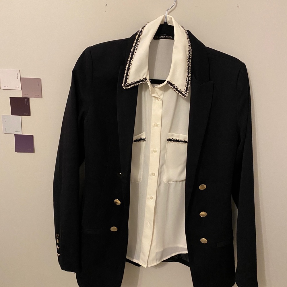 Black blazer with gold buttons accents